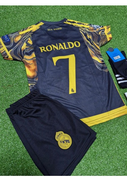 Real Madrid 2023/24 Yeni Sezon Cristiano Ronaldo Özel Çocuk Konsept Forması 4'ü Set (Blackyellow)