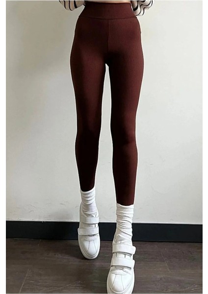 Kahverengi Fitilli Tayt, Toparlayıcı Yüksek Bel Fitilli Çizgili Spor Günlük Kadın Tayt