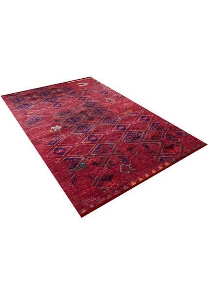 Klasik Kırmızı Salon&yolluk Dijital Baskılı Makinede Yıkanabilir Kaymaz Taban Saçaklı Halı HK096
