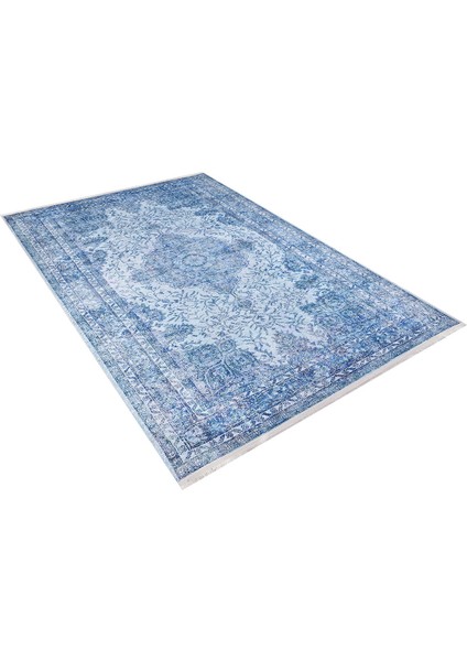 Klasik Mavi Salon&yolluk Dijital Baskılı Makinede Yıkanabilir Kaymaz Taban Saçaklı Halı HK138 indirimleri