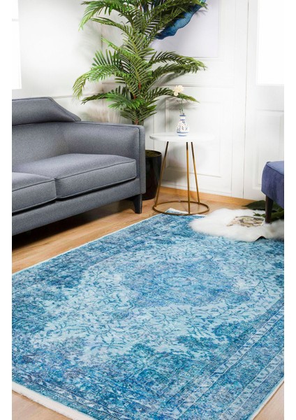 Klasik Mavi Salon&yolluk Dijital Baskılı Makinede Yıkanabilir Kaymaz Taban Saçaklı Halı HK138 fiyatları