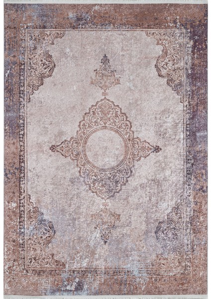 Klasik Kahverengi Salon&yolluk Dijital Baskılı Makinede Yıkanabilir Kaymaz Taban Saçaklı Halı HK188