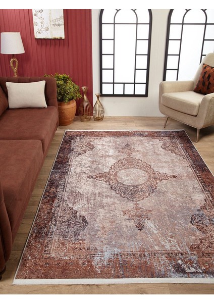Klasik Kahverengi Salon&yolluk Dijital Baskılı Makinede Yıkanabilir Kaymaz Taban Saçaklı Halı HK188 modelleri