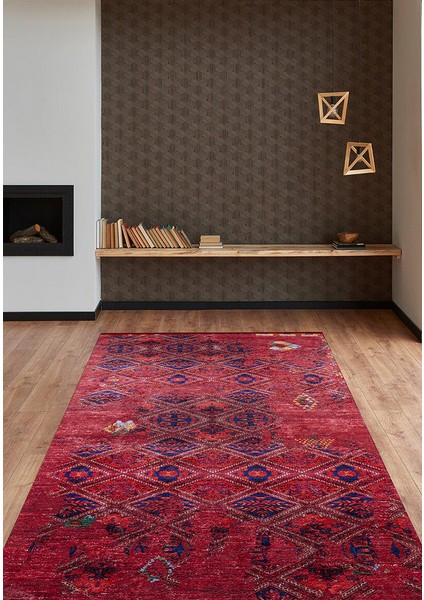 Klasik Kırmızı Salon&yolluk Dijital Baskılı Makinede Yıkanabilir Kaymaz Taban Saçaklı Halı HK096