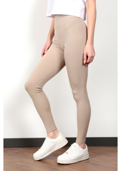 Toparlayıcı Taş Rengi Kadın Kaşkorse Fitilli Spor Yoga Tayt - 4102