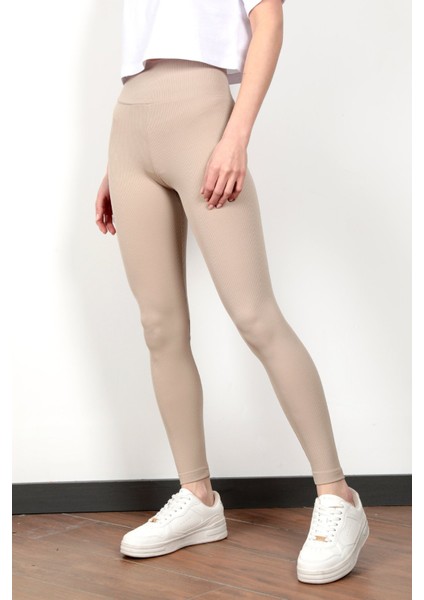 Toparlayıcı Taş Rengi Kadın Kaşkorse Fitilli Spor Yoga Tayt - 4102