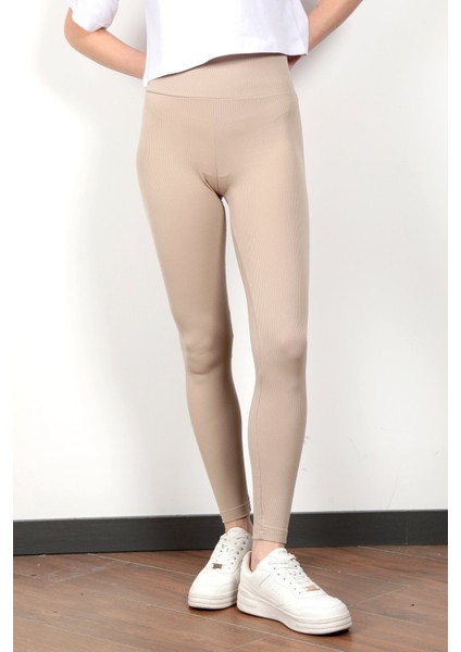 Toparlayıcı Taş Rengi Kadın Kaşkorse Fitilli Spor Yoga Tayt - 4102