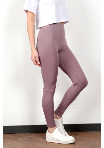 Toparlayıcı Gül Rengi Kadın Kaşkorse Fitilli Spor Yoga Tayt - 4102