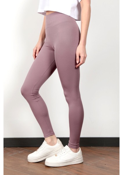 Toparlayıcı Gül Rengi Kadın Kaşkorse Fitilli Spor Yoga Tayt - 4102