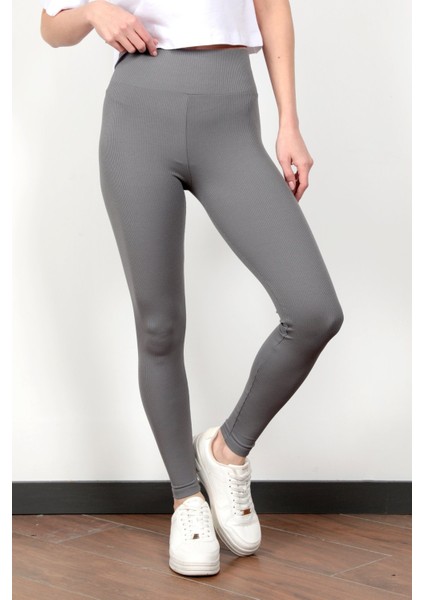 Toparlayıcı Gri Kadın Kaşkorse Fitilli Spor Yoga Tayt - 4102