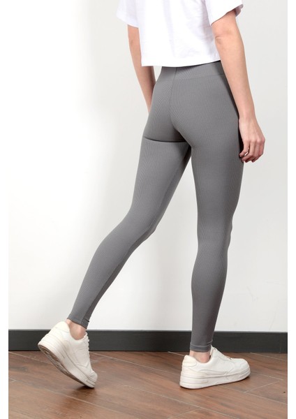 Toparlayıcı Gri Kadın Kaşkorse Fitilli Spor Yoga Tayt - 4102