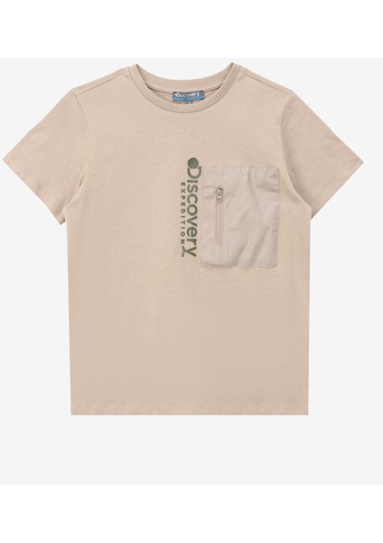 Bej Erkek Çocuk Bisiklet Yaka Relaxed Baskılı T-Shirt D4SB-TST3039