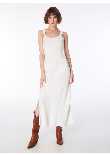 U Yaka Crinkle Beyaz Midi Kadın Elbise F4SL-ELB0127 fırsatları