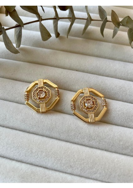 Vintage Gold Zirkon Taşlı Yuvarlak Küpe Pirinç Kaplama Oval Beşgen Model Kararmayan Altın Kadın Küpe