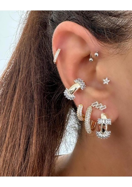 Gold Özel Seri Pirinç Kaplama Zirkon Baget Taşlı Earcuff Kıkırdak Küpe