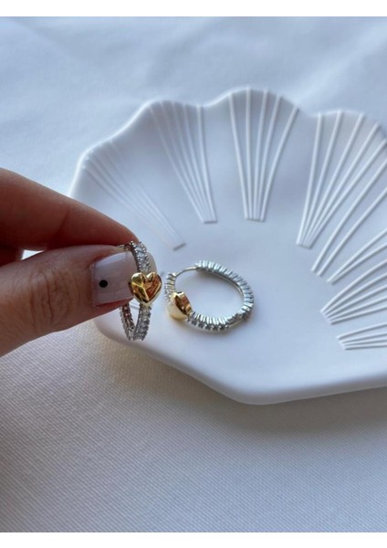 Gold Silver Özel Seri Pirinç Kaplama Kalp Figür Zirkon Taşlı Halka Trend Küpe