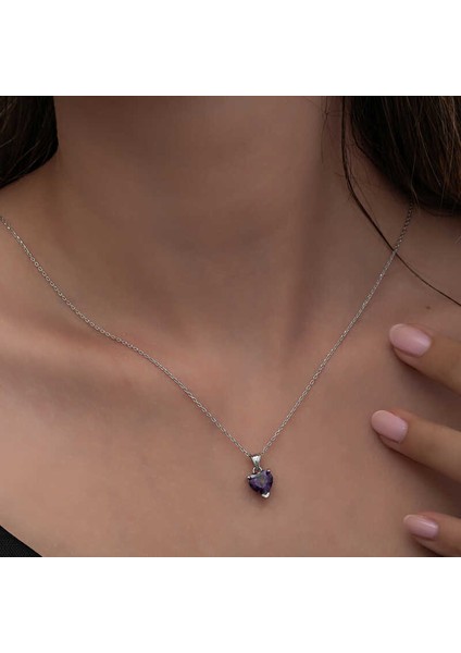 925 Ayar Gümüş Mor Taşlı Kalpli Kadın Kolye modelleri