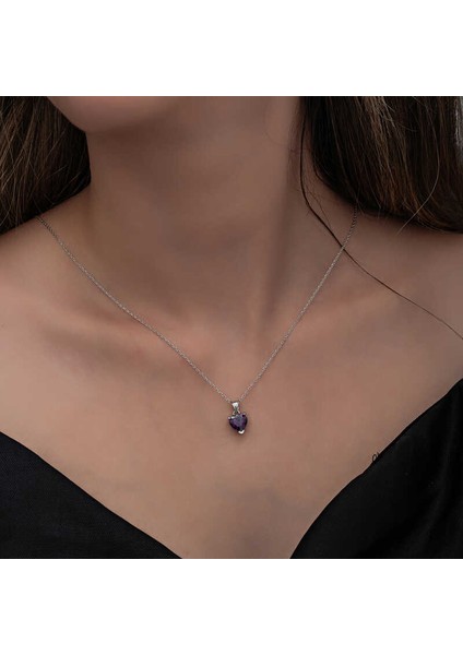 925 Ayar Gümüş Mor Taşlı Kalpli Kadın Kolye fırsatları
