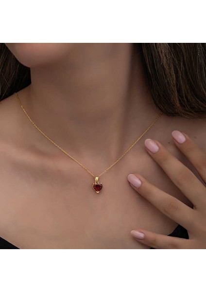925 Ayar Gümüş Gold Kırmızı Taşlı Kalpli Kadın Kolye indirimleri