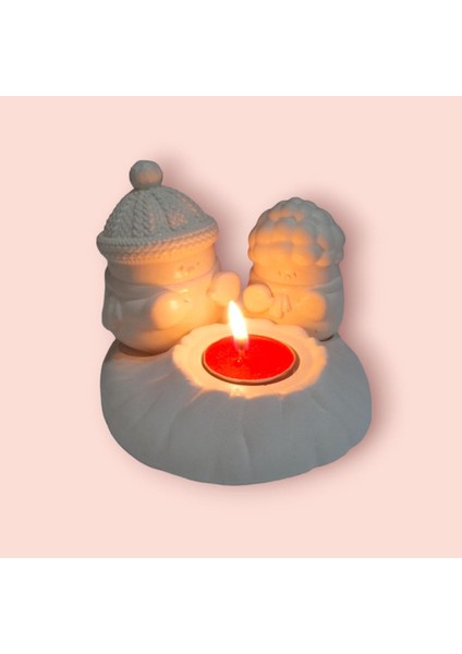 Dekoratif Ateş Başında Isınan Kardan Adam Tealight Mumluk Tealight