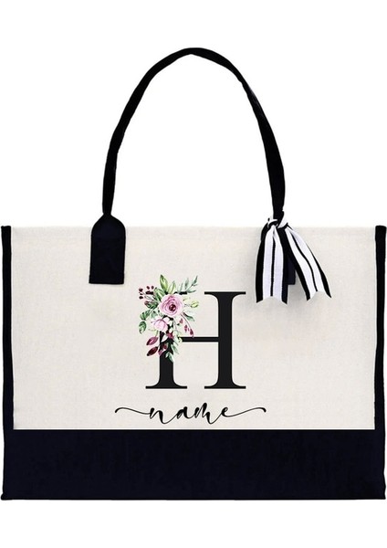 D4BLACKFH Özel Ad Tote Çanta Moda Kanvas Tote Mektup Çiçek Taşınabilir Plaj Omuz Alışveriş Rahat Plaj Çantası Büyük Kapasiteli Çanta (Yurt Dışından)