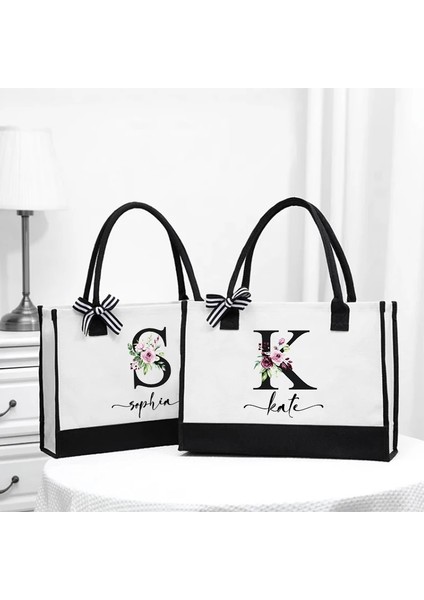 D4BLACKFH Özel Ad Tote Çanta Moda Kanvas Tote Mektup Çiçek Taşınabilir Plaj Omuz Alışveriş Rahat Plaj Çantası Büyük Kapasiteli Çanta (Yurt Dışından)