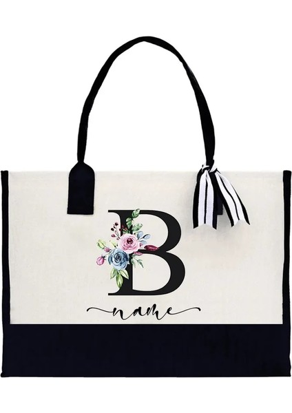 D4BLACKFH Özel Ad Tote Çanta Moda Kanvas Tote Mektup Çiçek Taşınabilir Plaj Omuz Alışveriş Rahat Plaj Çantası Büyük Kapasiteli Çanta (Yurt Dışından)