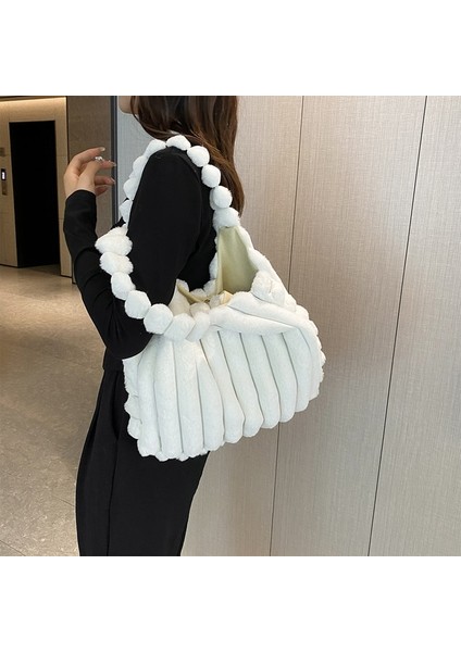 Beyaz Kadın Peluş Kare Koltuk Altı Çanta Sonbahar ve Kış Kürklü Moda Omuz Çantası Büyük Kapasiteli Alışveriş Çantası Düz Renk Kabarık Çanta (Yurt Dışından)