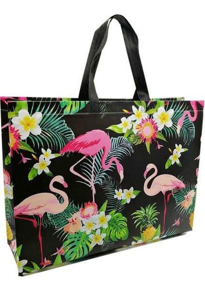 Siyah 27X32X10CM Moda Flamingo Baskı Alışveriş Çantası Kadın Katlanabilir Dokunmamış Kumaş Eko Çanta Seyahat Bakkal Katlanır Çanta Giyim Tote Çanta (Yurt Dışından)