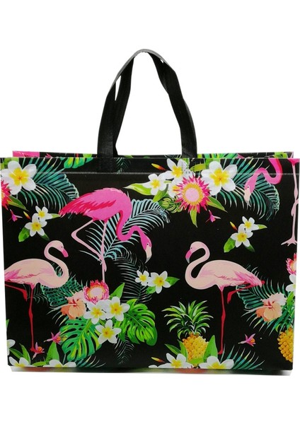 Siyah 27X32X10CM Moda Flamingo Baskı Alışveriş Çantası Kadın Katlanabilir Dokunmamış Kumaş Eko Çanta Seyahat Bakkal Katlanır Çanta Giyim Tote Çanta (Yurt Dışından)