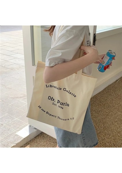 Ofr Beyaz Kadın Kanvas Alışveriş Çantası Paris Mektupları Baskı Omuz Çantası Eko Pamuk Keten Alışveriş Çantaları Bez Kumaş Çanta Tote Kızlar Için (Yurt Dışından) fırsatları