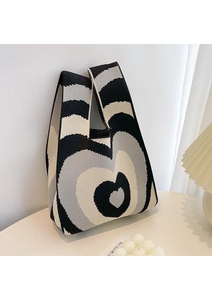 Siyah Gri Moda El Yapımı Örgü Çanta Kadın Mini Düğüm Bilek Çantası Tote Çanta Kore Rahat Renk Çizgili Öğrenci Yeniden Kullanılabilir Alışveriş Çantaları (Yurt Dışından)