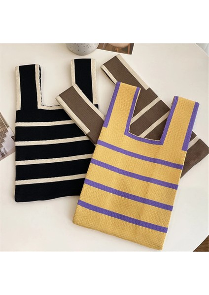 Siyah Gri Moda El Yapımı Örgü Çanta Kadın Mini Düğüm Bilek Çantası Tote Çanta Kore Rahat Renk Çizgili Öğrenci Yeniden Kullanılabilir Alışveriş Çantaları (Yurt Dışından)