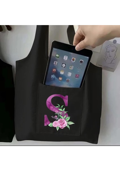 7purplebs Kadın Siyah Alışveriş Çantası Rahat Büyük Kapasiteli Mor Mektup Ilk Adı Desen Baskılı Kanvas Omuz Çantası Yeniden Kullanılabilir (Yurt Dışından)