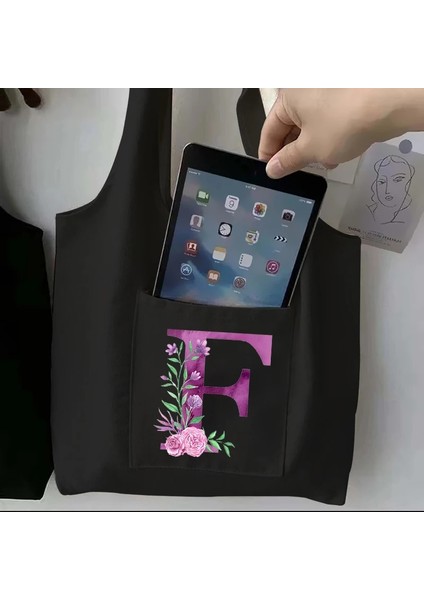 7purplebs Kadın Siyah Alışveriş Çantası Rahat Büyük Kapasiteli Mor Mektup Ilk Adı Desen Baskılı Kanvas Omuz Çantası Yeniden Kullanılabilir (Yurt Dışından) fırsatları