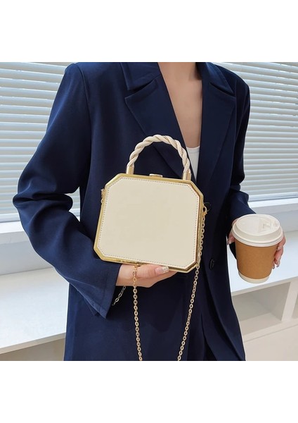 Beyaz Harfsiz Gece Çantası Moda Tasarımcısı Metal Kare Çanta Bayanlar Küçük Cep Telefonu Zinciri Bir Omuz Crossbody Çanta Kutusu Akşam Baskı Klasik Katı (Yurt Dışından)