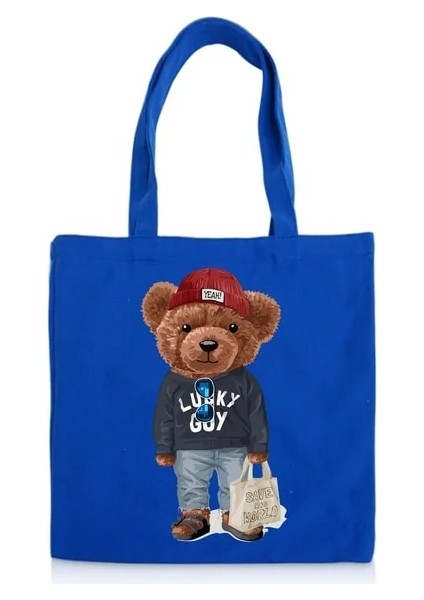 Mavi Blingpaw Kanvas Tote Teddy Bear Şanslı Adam Dünyayı Kurtar Mektup Baskı Komik %100% Pamuk Yeniden Kullanılabilir Alışveriş Çantaları Eco Bolsa (Yurt Dışından)