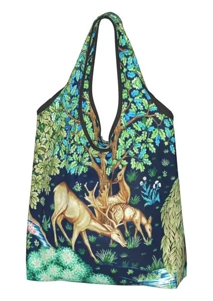 24 Alışveriş Çantası Özel William Morris Geyikler ve Kuşlar Ormanda Alışveriş Çantaları Kadın Taşınabilir Büyük Bakkal Çiçek Hayvan Sanat Shopper Bez Çantalar (Yurt Dışından)
