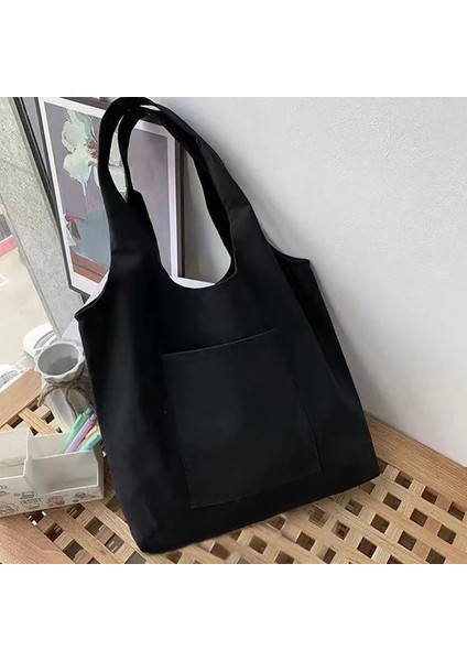 F 004 (Siyah) Kadın Moda Tote Çanta Öğrenci Omuz Çantası Mektup Ilk Adı Desen Baskı Bej Kanvas Tote Çanta Alışveriş Yeni Banliyö Çantası (Yurt Dışından)