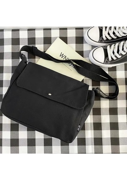 Siyah Küçük-Hayır Kolye Erkekler Crossbody Çanta Harajuku Çift Omuz Tüm Maç Messenger Çanta Büyük Kapasiteli Tiki Basit Satchel Kanvas Çanta Ulzzang (Yurt Dışından)