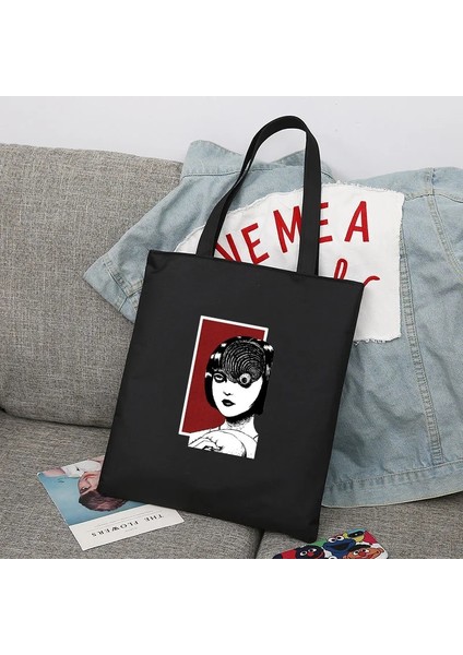 1 Junji I 002 Junji Ito Japon Anime Manga Yeniden Kullanılabilir Alışveriş Çantası Kadın Kanvas Bez Çantalar Baskı Eko Çanta Alışveriş Omuz Çantaları (Yurt Dışından) indirimleri