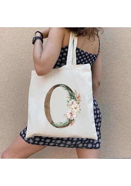 O 35X40CM Suluboya Çiçek Düğün Monogram Çiçekler Ilk Harf Baskı Kadın Kanvas Alışveriş Tote Çantaları Eko Yeniden Kullanılabilir Alışveriş Çantaları (Yurt Dışından)