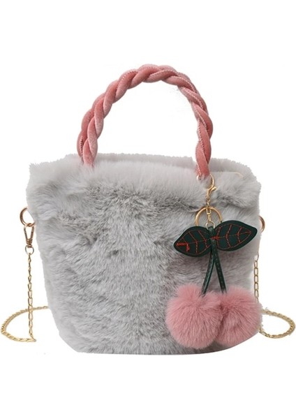 Gri Peluş Omuz Çantası Kiraz Kolye ile Kadın Kız Trendy Çanta Tote Çanta (Yurt Dışından)