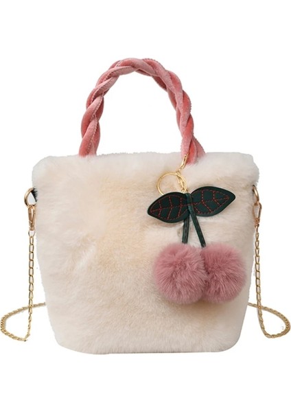 Gri Peluş Omuz Çantası Kiraz Kolye ile Kadın Kız Trendy Çanta Tote Çanta (Yurt Dışından) fiyatları