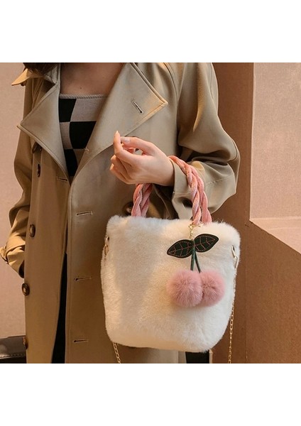 Gri Peluş Omuz Çantası Kiraz Kolye ile Kadın Kız Trendy Çanta Tote Çanta (Yurt Dışından) modelleri