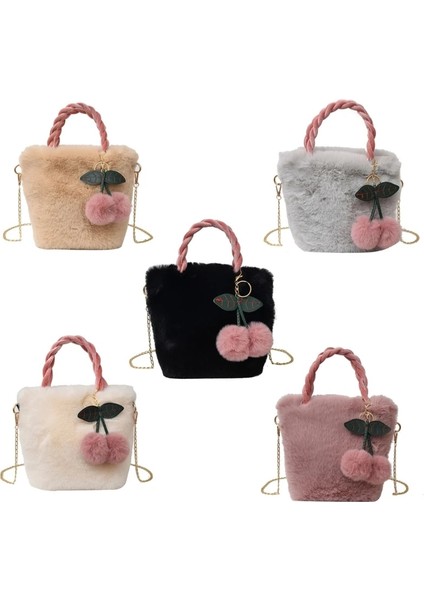Gri Peluş Omuz Çantası Kiraz Kolye ile Kadın Kız Trendy Çanta Tote Çanta (Yurt Dışından) fırsatları
