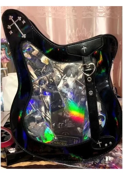 Lazer Mor 26X7X34 cm Moda Lazer Rock Bas Ita Çanta Kadın Şeffaf Rozet Çanta Pu Ağrı Çanta Jk Lolita Gitar Omuz Crossbody Çanta Serin Kız Için (Yurt Dışından) modelleri
