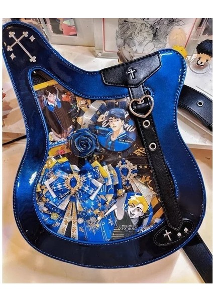 Lazer Mor 26X7X34 cm Moda Lazer Rock Bas Ita Çanta Kadın Şeffaf Rozet Çanta Pu Ağrı Çanta Jk Lolita Gitar Omuz Crossbody Çanta Serin Kız Için (Yurt Dışından) fırsatları