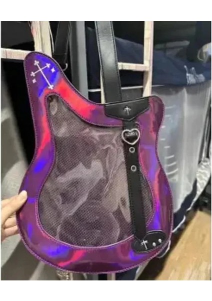 Lazer Mor 26X7X34 cm Moda Lazer Rock Bas Ita Çanta Kadın Şeffaf Rozet Çanta Pu Ağrı Çanta Jk Lolita Gitar Omuz Crossbody Çanta Serin Kız Için (Yurt Dışından) indirimleri
