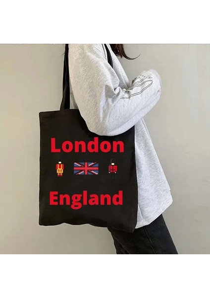 B 35 35X40CM Londra Köprüsü Big Ben Ingiltere Bayrağı Haritası Omuz Alışveriş Kanvas Tote Çanta Manzara Skyline Birleşik Krallık Ingiliz Kadın Çanta (Yurt Dışından)